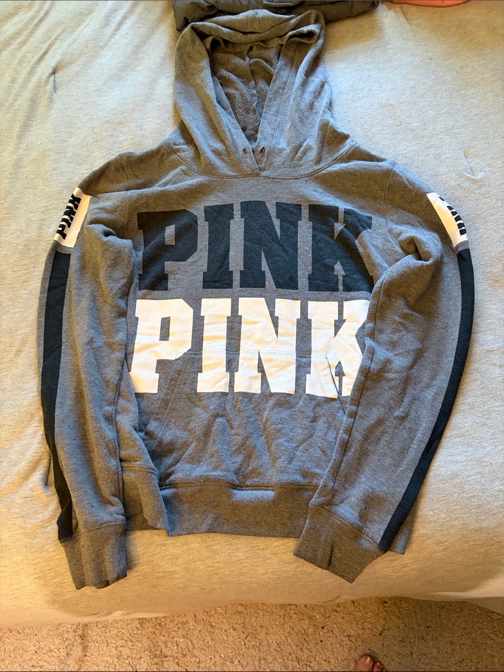 PINK Victoria's Secret Gray Crewneck Hoodie with Navy and White Logo